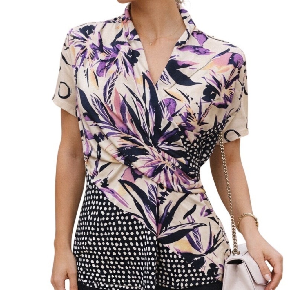 DKNY Women's Floral Polka Dots Short-sleeved V-neck Wrap-Style Blouse Size S NWT